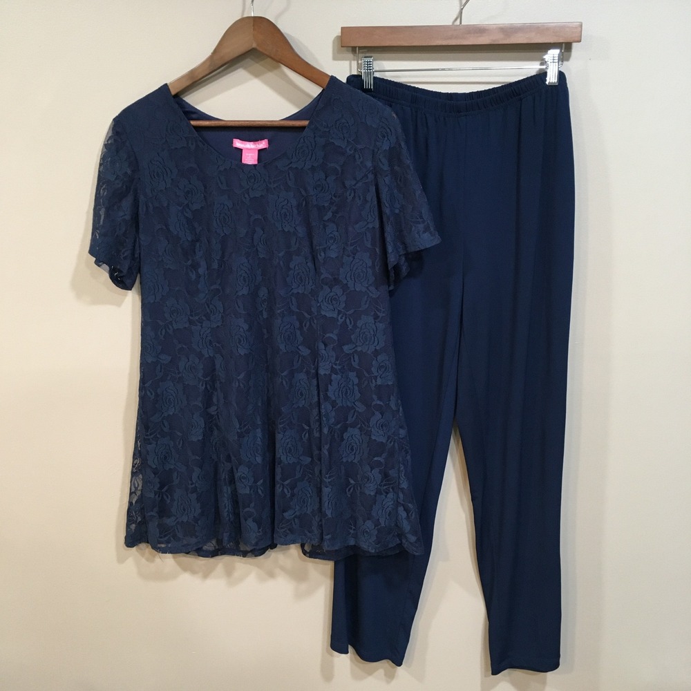 Woman Within Lace Tunic Top Pants Set Womens M Navy Blue Classic Dressy Stretch
